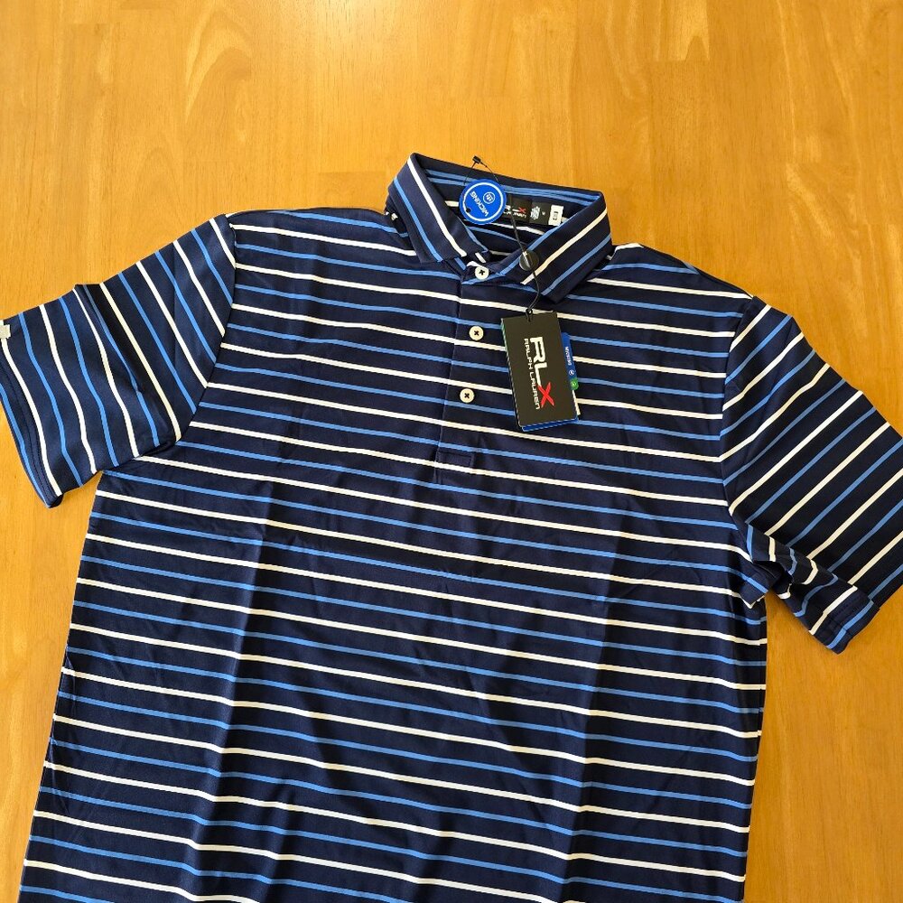 RLX Ralph Lauren Mens 3-Button Polo Shirt Navy Light Blue MSRP $98.50 Medium NWT